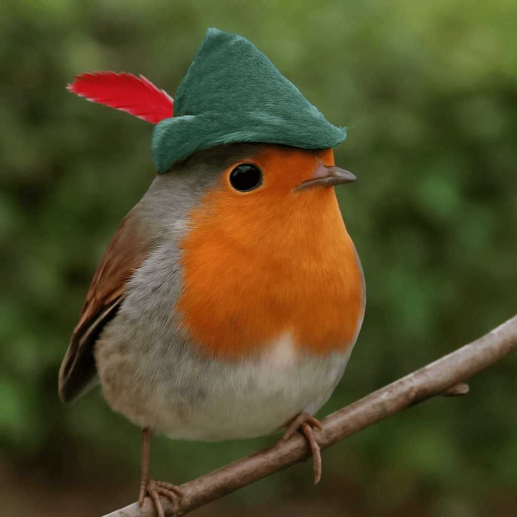 A European robin perched on a garden branch with a green pointed hood and red feather crudely pasted onto its head, a visible light halo around the cutout edge